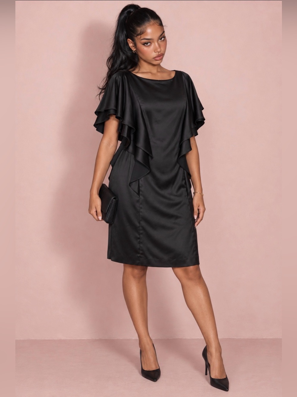 Lauren Ralph Lauren Black Ruffle Cape Sleeve Dress Size 12